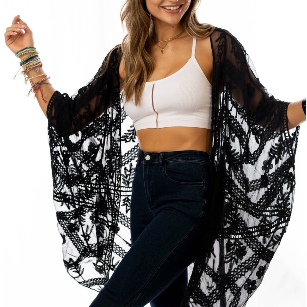 Three Bird Nest Whimsy + Lace Kimono in Black One Size Sold Out!  NEW
